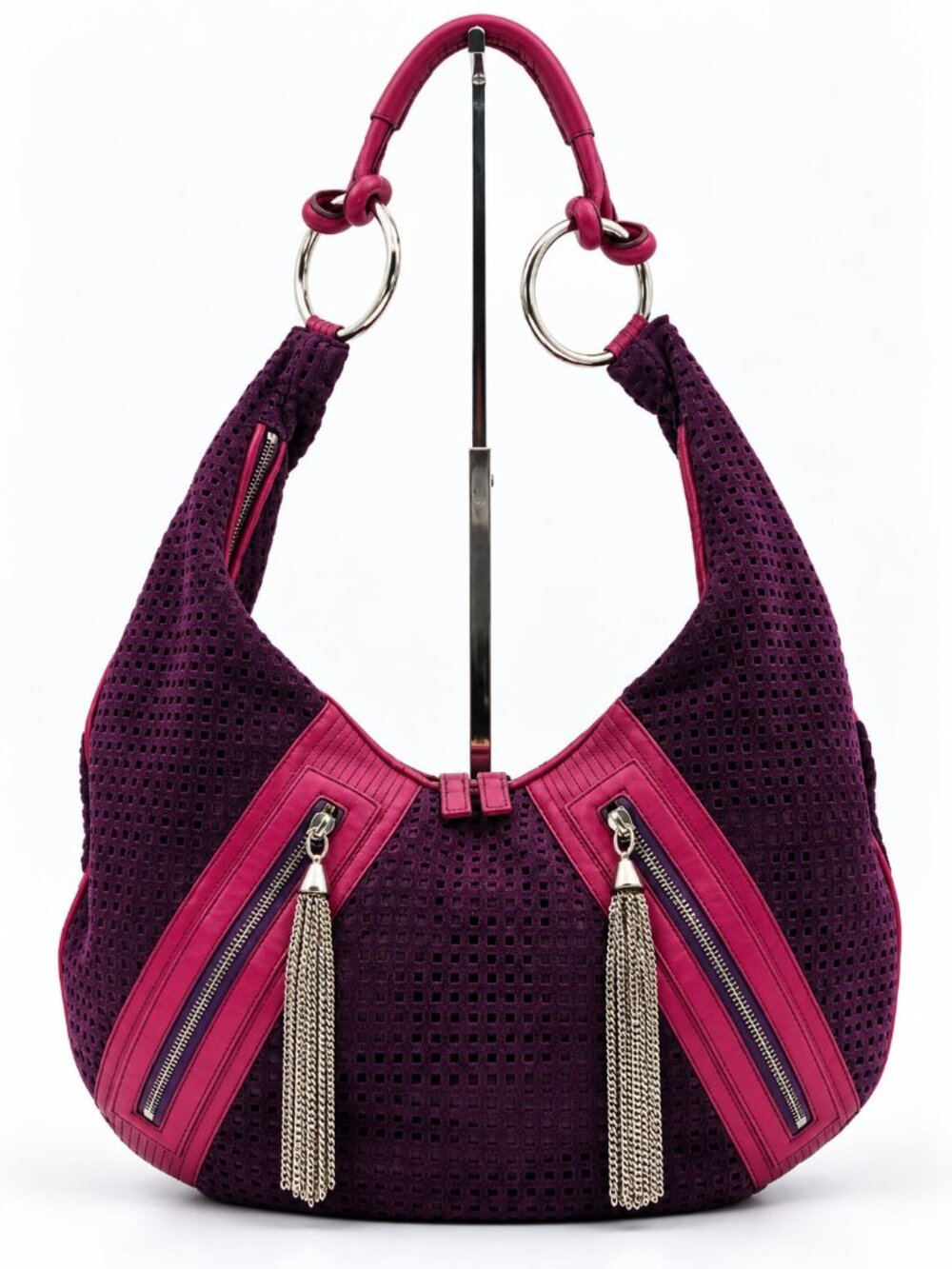 Versace Plum and Fuchsia Perforated Suede Hobo with Chain Tassels